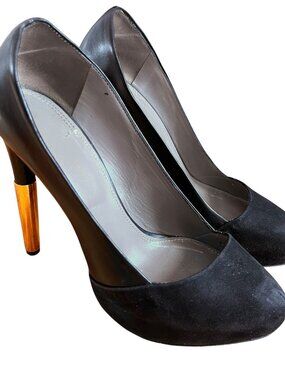 Maiyet Livia platform pumps black leather suede toe semi pointed gold toe 39 9